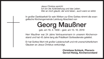 Traueranzeige von Georg Maußner von Der Bote