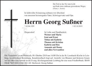 Traueranzeige von Georg Sußner von Der Bote