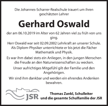 Traueranzeige von Gerhard Oswald von Hersbrucker Zeitung