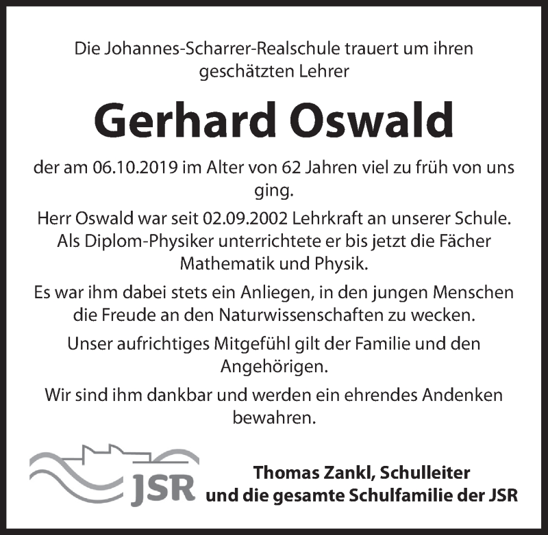 Traueranzeige für Gerhard Oswald vom 12.10.2019 aus Hersbrucker Zeitung