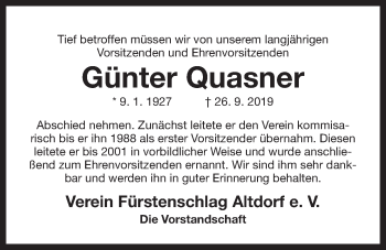 Traueranzeige von Günter Quasner von Der Bote