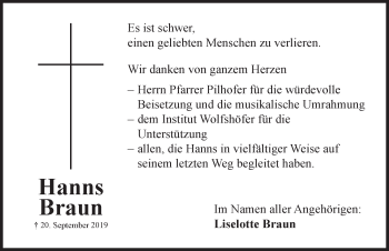 Traueranzeige von Hanns Braun von Hersbrucker Zeitung