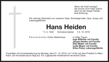 Traueranzeige von Hans Heiden von Der Bote