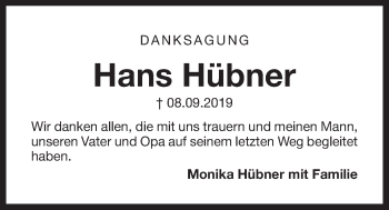 Traueranzeige von Hans Hübner von Der Bote