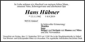 Traueranzeige von Hans Hübner von Der Bote