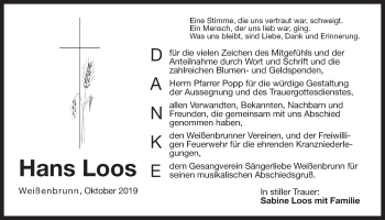 Traueranzeige von Hans Loos von Der Bote