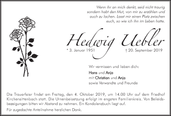 Traueranzeige von Hedwig Uebler von Hersbrucker Zeitung