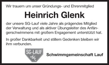 Traueranzeige von Heinrich Glenk von Pegnitz-Zeitung
