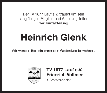 Traueranzeige von Heinrich Glenk von Pegnitz-Zeitung