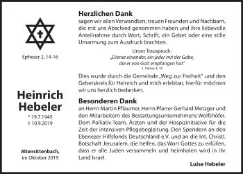 Traueranzeige von Heinrich Hebeler von Hersbrucker Zeitung