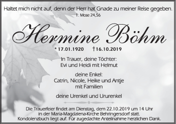 Traueranzeige von Hermine Böhm von Pegnitz-Zeitung