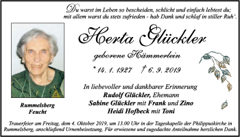 Traueranzeige von Herta Glückler von Der Bote