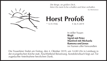 Traueranzeige von Horst Profoß von Pegnitz-Zeitung