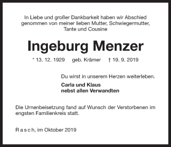 Traueranzeige von Ingeburg Menzer von Der Bote