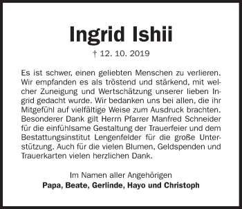 Traueranzeige von Ingrid Ishii von Der Bote