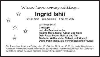 Traueranzeige von Ingrid Ishii von Der Bote