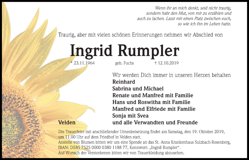  Traueranzeige für Ingrid Rumpler vom 17.10.2019 aus Hersbrucker Zeitung