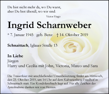 Traueranzeige von Ingrid Scharnweber von Pegnitz-Zeitung