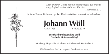 Traueranzeige von Johann Wöll von Pegnitz-Zeitung