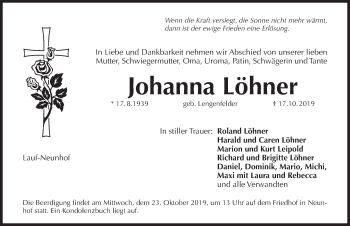 Traueranzeige von Johanna Löhner von Pegnitz-Zeitung