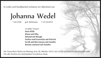 Traueranzeige von Johanna Wedel von Pegnitz-Zeitung