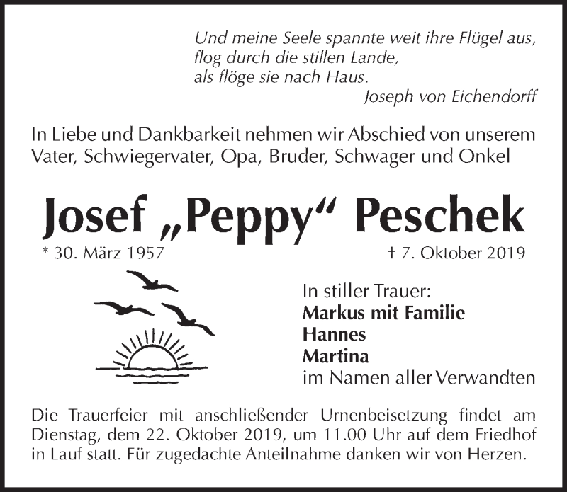  Traueranzeige für Josef  Peschek vom 19.10.2019 aus Pegnitz-Zeitung