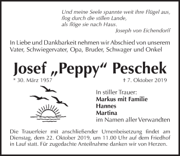 Traueranzeige von Josef  Peschek von Pegnitz-Zeitung