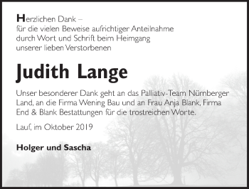 Traueranzeige von Judith Lange von Pegnitz-Zeitung