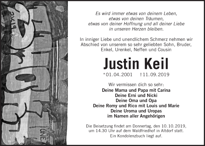  Traueranzeige für Justin Keil vom 07.10.2019 aus Der Bote