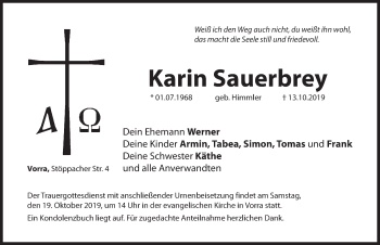 Traueranzeige von Karin Sauerbrey von Hersbrucker Zeitung