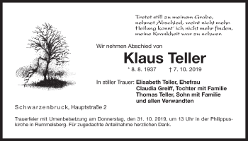 Traueranzeige von Klaus Teller von Der Bote