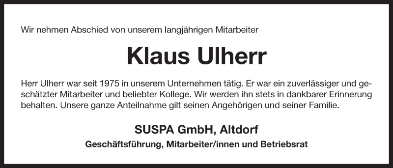  Traueranzeige für Klaus Ulherr vom 29.10.2019 aus Der Bote