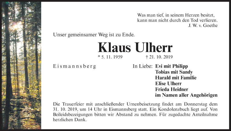  Traueranzeige für Klaus Ulherr vom 29.10.2019 aus Der Bote