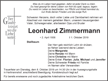 Traueranzeige von Leonhard Zimmermann von Hersbrucker Zeitung