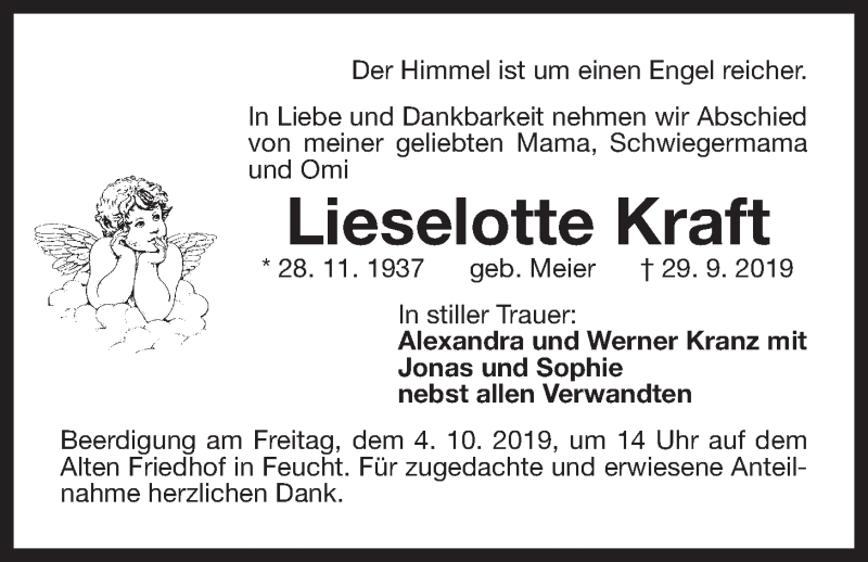  Traueranzeige für Lieselotte Kraft vom 01.10.2019 aus Der Bote
