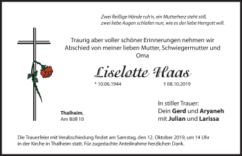 Traueranzeige von Liselotte Haas von Hersbrucker Zeitung