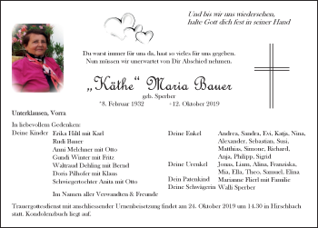 Traueranzeige von Maria Bauer von Hersbrucker Zeitung