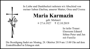 Traueranzeige von Maria Karmazin von Hersbrucker Zeitung
