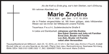 Traueranzeige von Marie Znotins von Der Bote