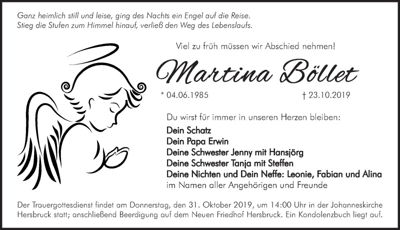  Traueranzeige für Martina Böllet vom 29.10.2019 aus Hersbrucker Zeitung
