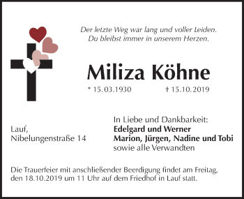 Traueranzeige von Miliza Köhne von Pegnitz-Zeitung