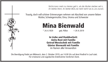 Traueranzeige von Mina Bienwald von Pegnitz-Zeitung