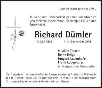 Traueranzeige von Richard Dümler von Pegnitz-Zeitung