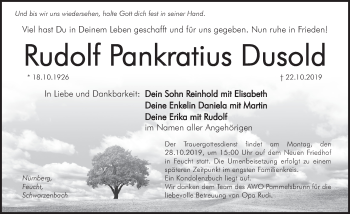 Traueranzeige von Rudolf Pankratius Dusold von Hersbrucker Zeitung