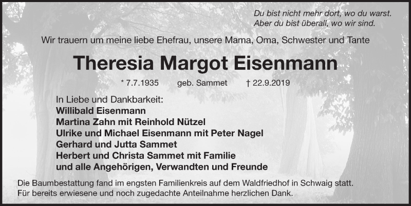  Traueranzeige für Theresia Margot Eisenmann vom 12.10.2019 aus Pegnitz-Zeitung