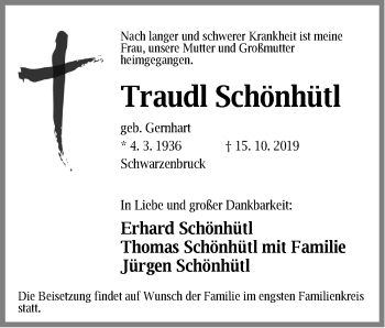 Traueranzeige von Traudl Schönhütl von Der Bote