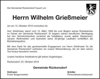 Traueranzeige von Wilhelm Grießmeier von Pegnitz-Zeitung
