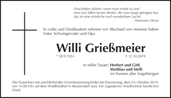 Traueranzeige von Willi Grießmeier von Pegnitz-Zeitung
