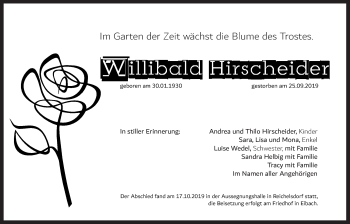 Traueranzeige von Willibald Hirscheider von Der Bote