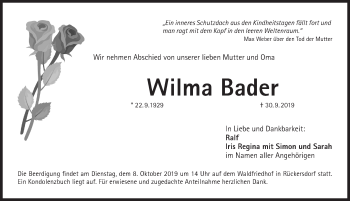 Traueranzeige von Wilma Bader von Pegnitz-Zeitung